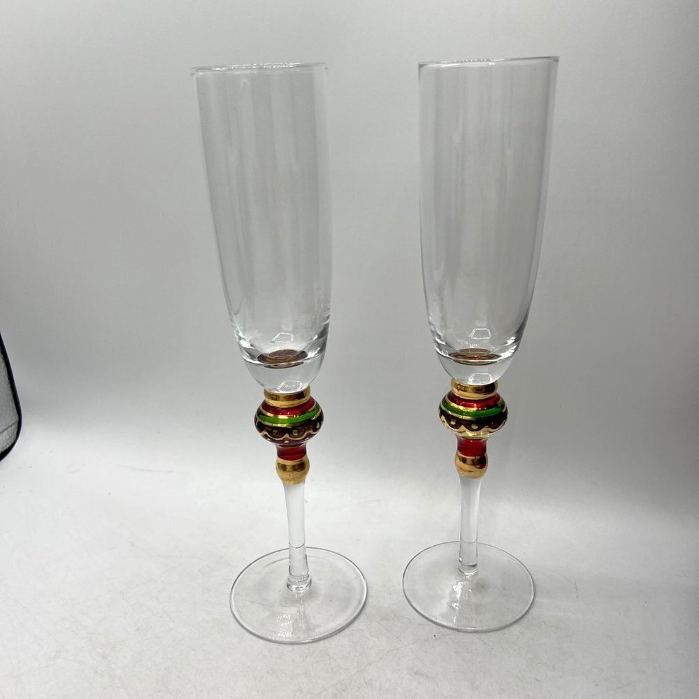 World Market Set of 2 Multicolor Gold Bulb Stem Moroccan Style 10.5” Wine Glasse - Picture 1 of 8
